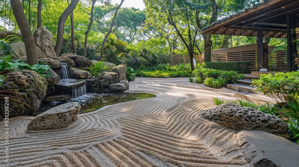 A sanctuary of mindfulness awaits. This Zen garden, with its meticulously raked sand, strategically positioned stones, and a soothing water feature, beckons you to enter a state of tranquility A sanctuary of mindfulness awaits. This Zen garden, with its meticulously raked sand, strategically positioned stones, and a soothing water feature, beckons you to enter a state of tranquility