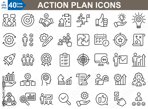 The action plan icons showcase modern designs for tasks, goals, timelines, and progress tracking, perfect for project management and productivity apps.