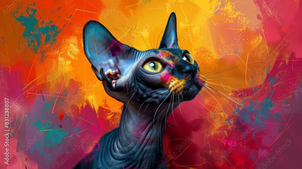 Stylish Cornish Rex Cat artwork, vibrant pop art, colorful geometric patterns copy space, futuristic, multilayer, modern interior backdrop Stylish Cornish Rex Cat artwork, vibrant pop art, colorful geometric patterns copy space, futuristic, multilayer, modern interior backdrop