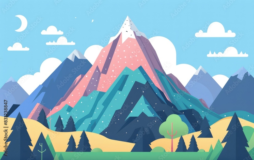 Naklejka premium Mountain peak flat design front view adventure cartoon drawing Analogous Color Scheme