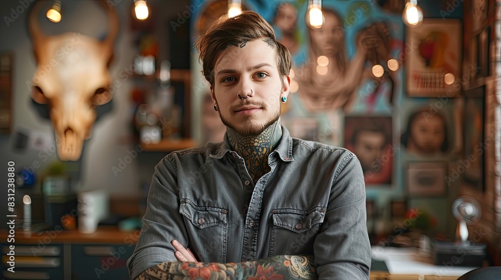 Tattooed man stands in front of a bar Tattooed man stands in front of a bar