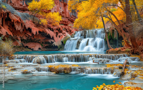A serene waterfall cascades over colorful autumn foliage  creating an enchanting scene of nature s beauty in the Arizona desert landscape. Created with Ai