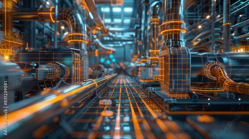 High-Tech Factory Interior, Futuristic factory with digital overlays, Advanced Manufacturing. High-Tech Factory Interior, Futuristic factory with digital overlays, Advanced Manufacturing.
