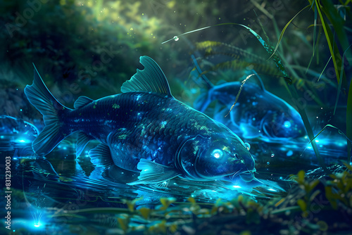 Surreal Catfish Aftershock in a Peaceful Pond, Inspired by Bioluminescent Ecosystems photo