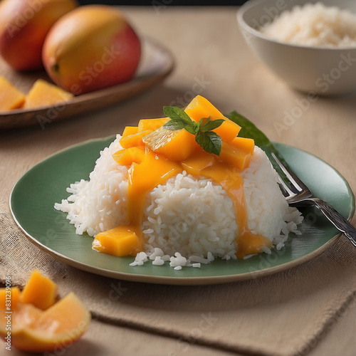 Thai mango sticky rice with ripe mango slices photo