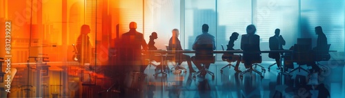 Unfocused group  individuals  workspace hub  benefits  close up  teamwork  realistic  double exposure  meeting room