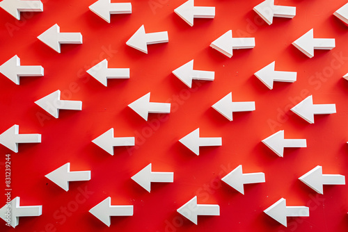 pattern of white arrows on a red background all pointing to the left creating a strong visual direction