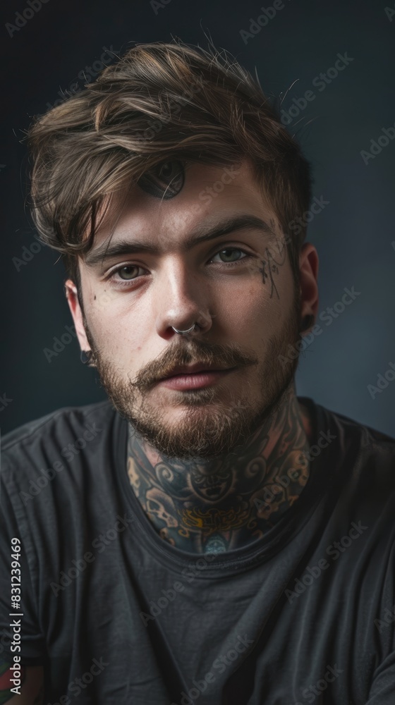 Man with detailed tattoos on his face and neck Man with detailed tattoos on his face and neck