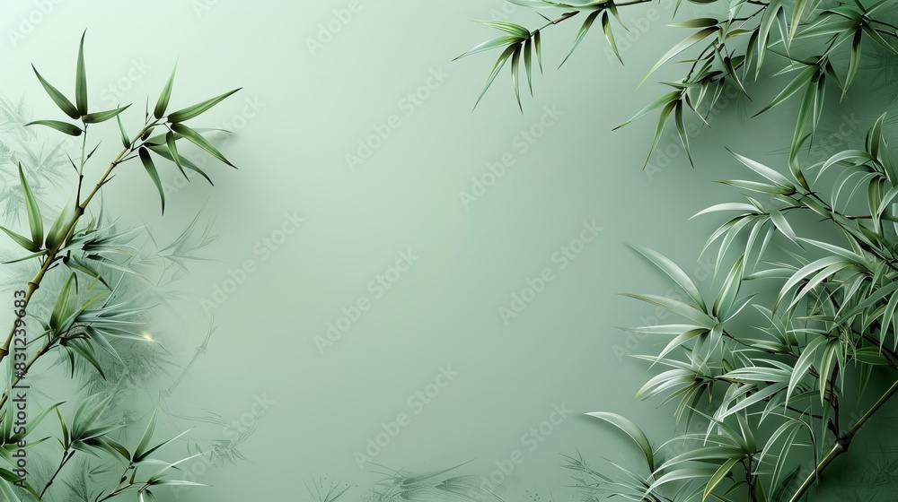 Minimalist bamboo background with green bamboo leaves against a soft green backdrop. Minimalist bamboo background with green bamboo leaves against a soft green backdrop.