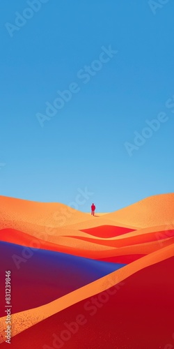 red sand dunes in desert and a black figure of male stand in distance with blue sky background