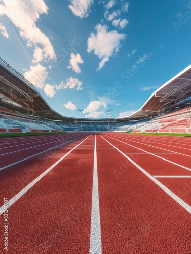 olympic running track, red surface with white stripes.