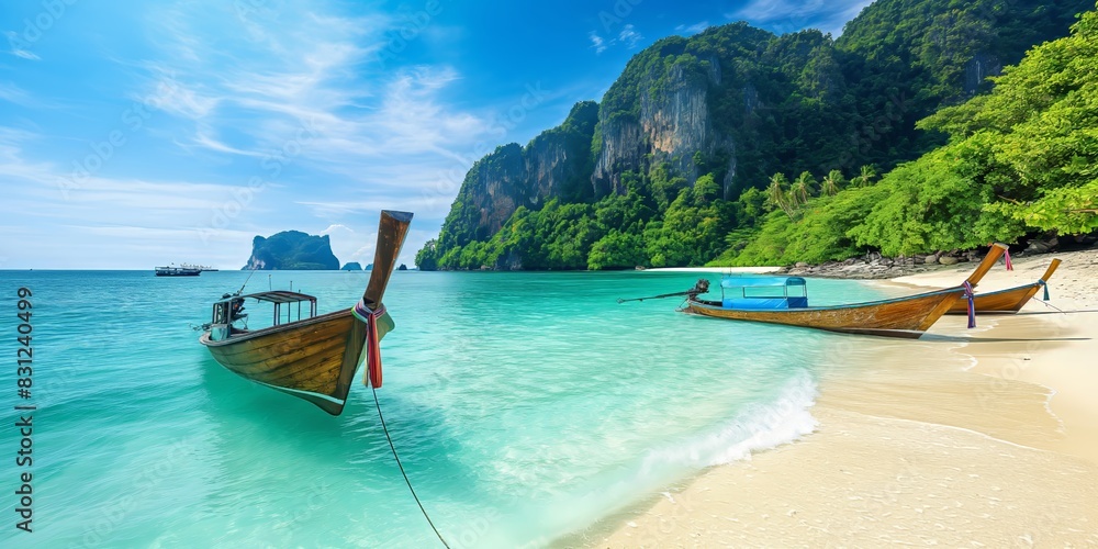Fototapeta premium A serene tropical beach scene featuring clear blue waters, lush greenery, and two traditional wooden boats docked on the soft sandy shore, evoking a tranquil island getaway.
