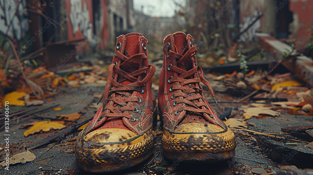 Shoes in urban environments, such as old sidewalks, graffiti walls, and abandoned buildings Shoes in urban environments, such as old sidewalks, graffiti walls, and abandoned buildings