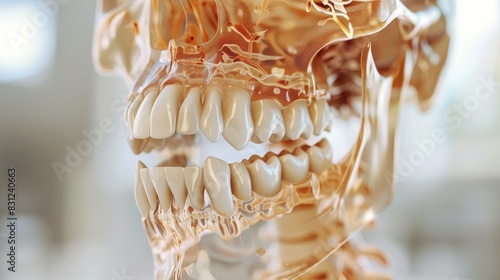 Close-up of a detailed human skull model showing intricate bone structures and teeth, highlighting anatomical features and dental details.
