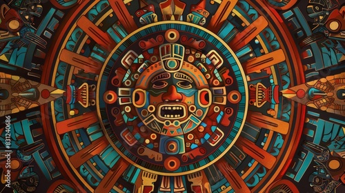 Vivid and intricate Aztec calendar art showcasing traditional designs with vibrant colors and symmetrical patterns. photo