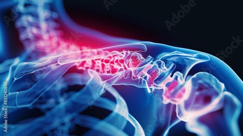 3D illustration of cervical spine with highlighted pain area. Medical image depicting neck discomfort or injury. photo