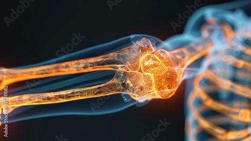 3D render of human elbow joint with glowing bones and surrounding structures. Medical anatomy illustration for healthcare and educational purposes.