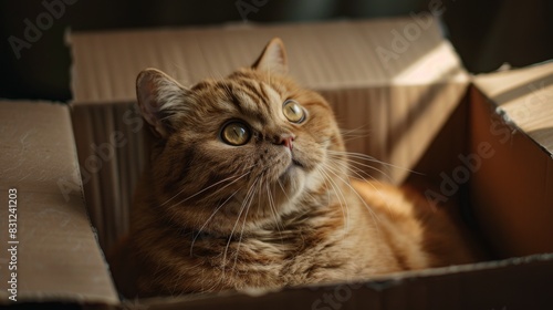 Overweight cat sitting in a cardboard box, looking up with wide, curious eyes. The simplicity of the box contrasts © Plaifah
