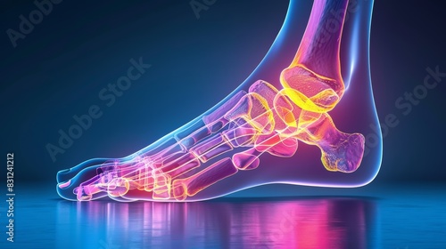 Colorful 3D illustration of a human foot X-ray showing bones and joints, highlighting the ankle and toes with vibrant neon colors. photo