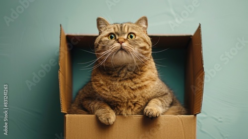 Overweight cat sitting in a cardboard box, looking up with wide, curious eyes. The simplicity of the box contrasts