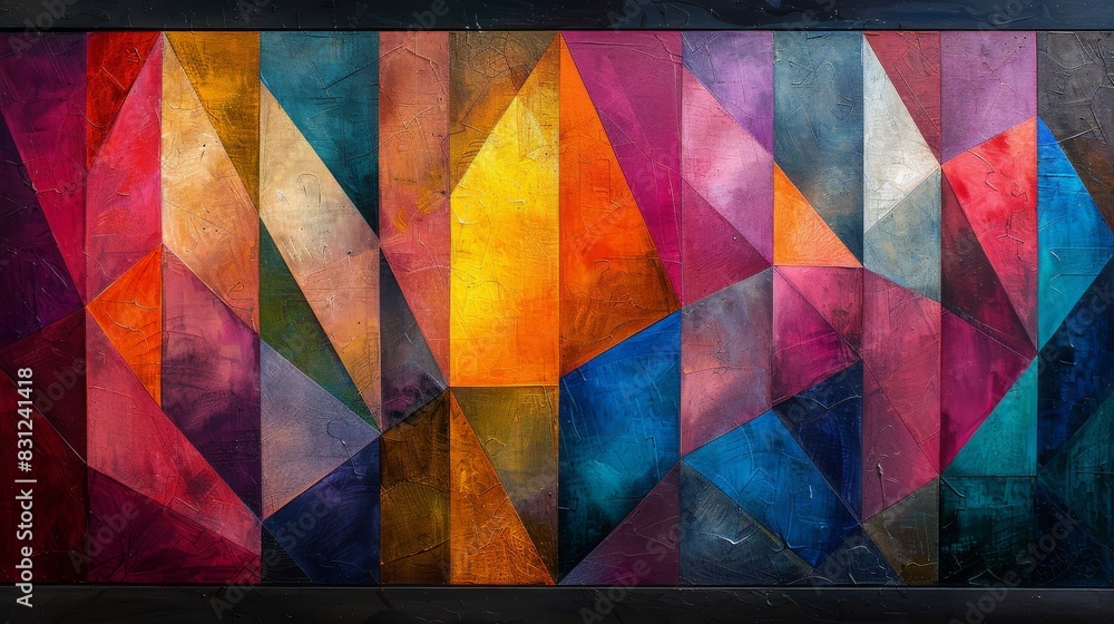 Fototapeta premium Colorful abstract geometric painting on canvas, showcasing a dynamic composition