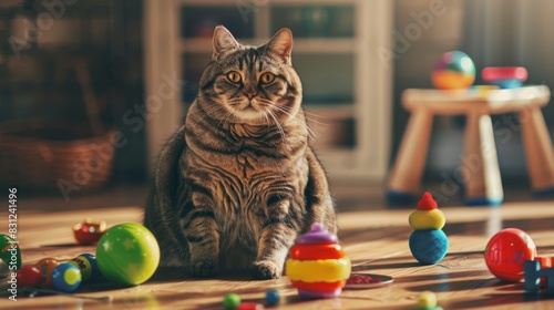Overweight cat sitting on a wooden floor, surrounded by colorful toys