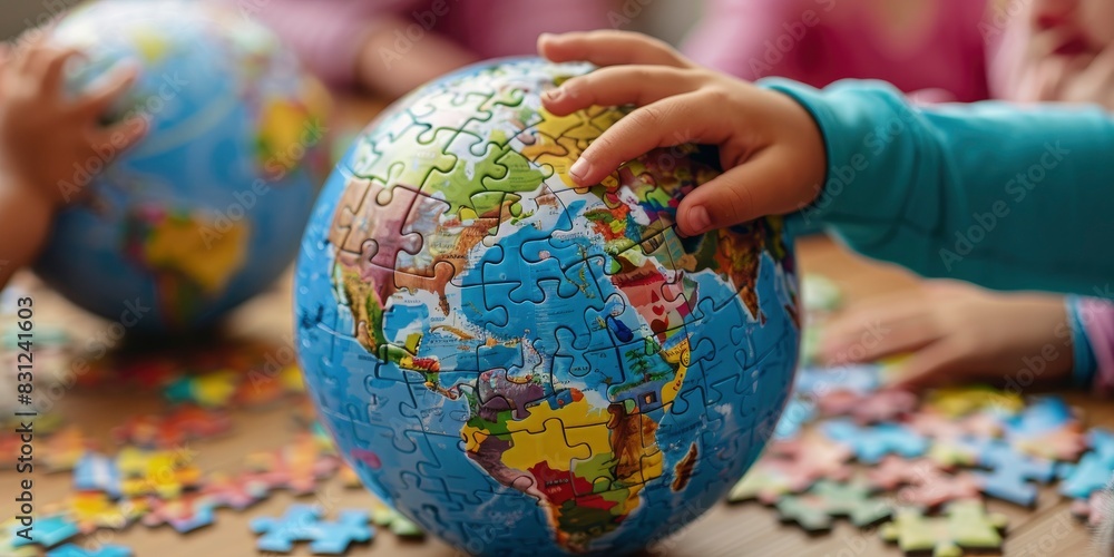 A globe with colorful puzzle pieces representing different cultures, being put together by young hands.