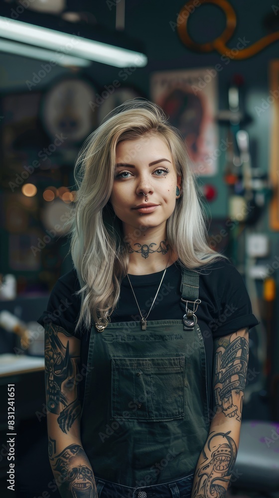 Fototapeta premium A woman with tattoos standing in a room