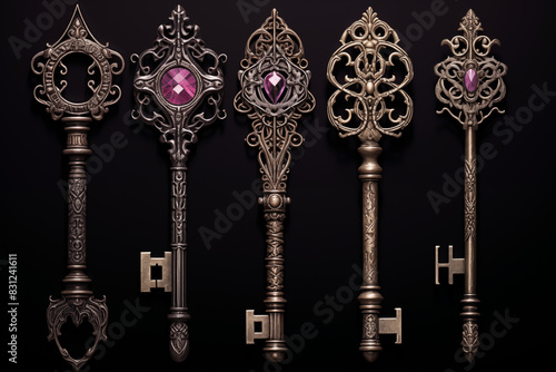 Vintage Ornate Keys with Purple Gems, Antique Style, Decorative Design