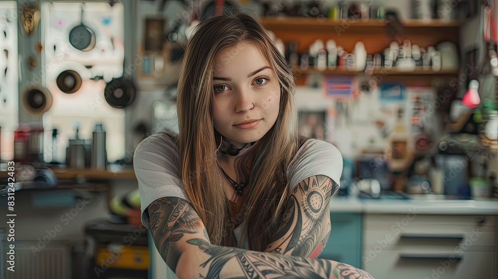 A woman displaying her tattoo on her arm A woman displaying her tattoo on her arm