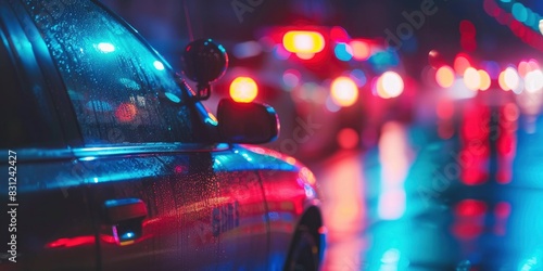 Closeup of police car lights flashing in the dark blurred background. photo