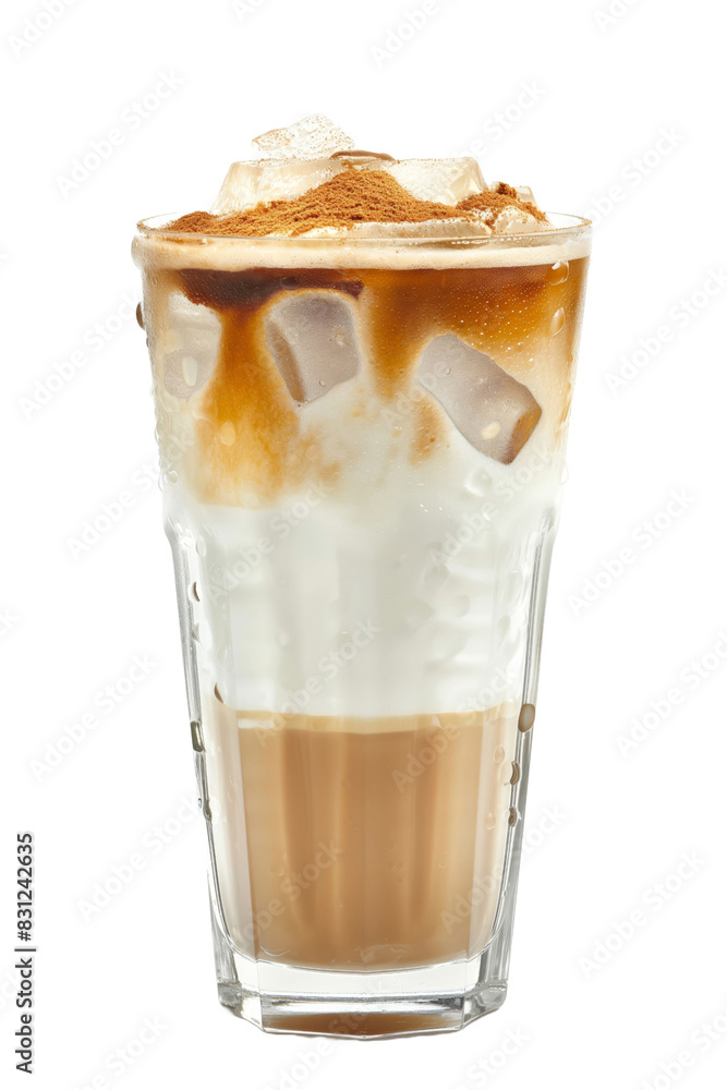 A glass of coffee with a brown foam on top. The foam is made of ice and milk, isolated transparent background A glass of coffee with a brown foam on top. The foam is made of ice and milk, isolated transparent background