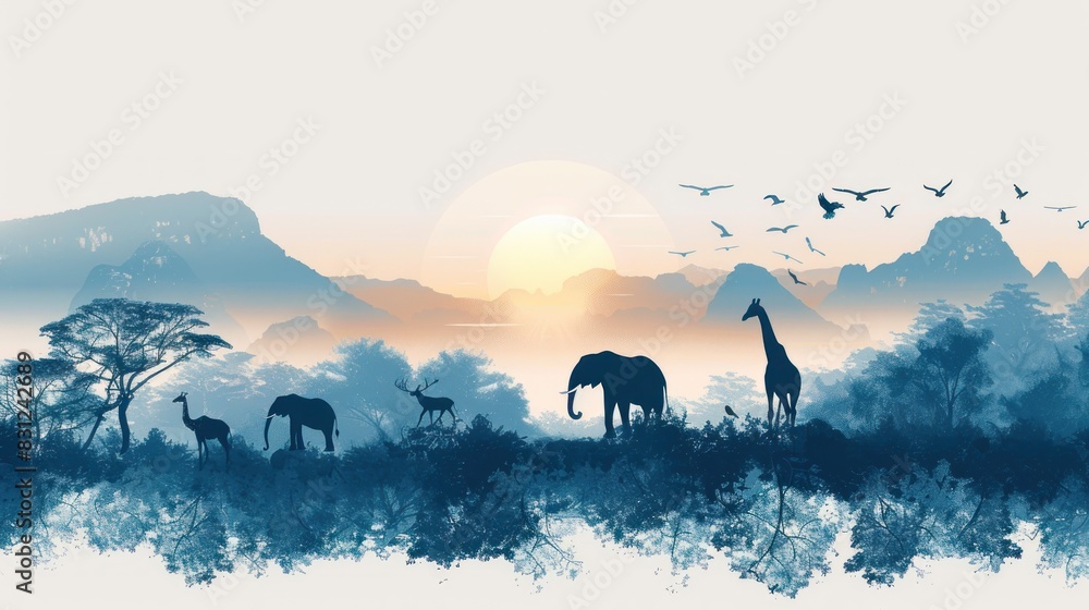 Fototapeta premium An enchanting set of animal silhouettes arranged on a serene landscape backdrop. The silhouettes of different species, including an elephant, a giraffe, and a bird in flight, are depicted with