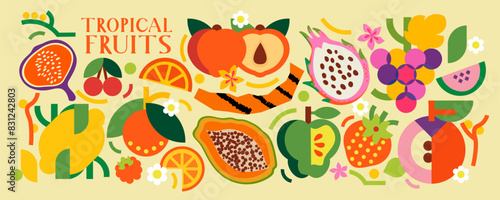 Collection of tropical fruits. Vector illustration of food. Papaya, pitahaya, fig, orange, cherry, peach, plum, strawberry, grape, raspberry. Exotic elements.