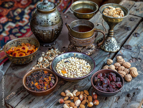 A tray of nuts and dried fruit is set on a table next to a teapot. Set of cultural dishes of Bedouin Arabs.