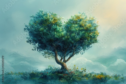 A dreamy heart-shaped tree standing alone amidst a mystical landscape. Perfect for themes of love  nature  or fantasy.