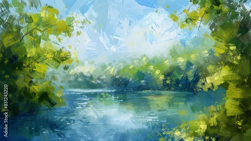 Impressionist landscape of a serene lake © Denys