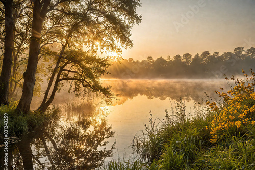 Wallpaper Mural Morning fog lifts off a lake  sunrise on a cool morning, Generative AI Torontodigital.ca