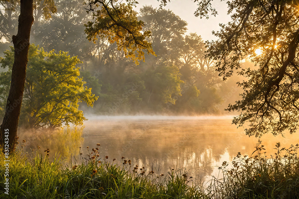 Morning fog lifts off a lake sunrise on a cool morning, Generative AI Morning fog lifts off a lake sunrise on a cool morning, Generative AI