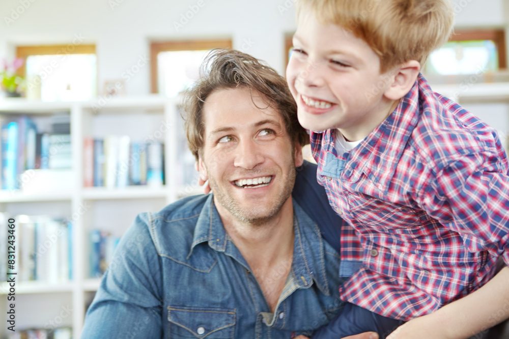 Laugh, father and son in portrait in home for bonding, playful and enjoying together in weekend. Happy family, dad and child in house for support, care and healthy connection with parent love Laugh, father and son in portrait in home for bonding, playful and enjoying together in weekend. Happy family, dad and child in house for support, care and healthy connection with parent love