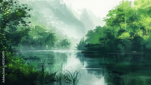 Digital painting of a tranquil lake amidst a lush forest  evoking a serene  mystical ambiance