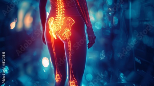 Digital illustration of lower human spine and pelvis with glowing effect, highlighting importance of spinal health and anatomy. photo