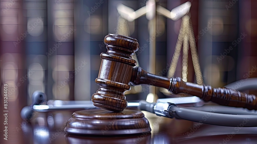 Gavel and stethoscope on a wooden table with scales of justice in the background, representing the intersection of law and medicine. Gavel and stethoscope on a wooden table with scales of justice in the background, representing the intersection of law and medicine.