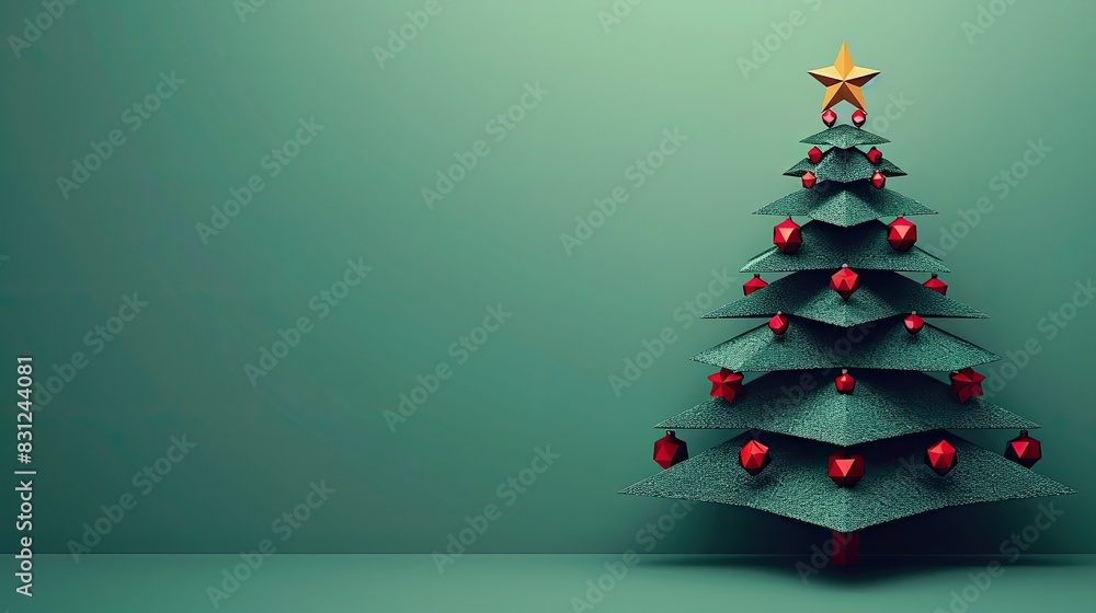 Minimalist Christmas tree with red decorations and a gold star on a green background. Perfect for holiday-themed designs and card making. Minimalist Christmas tree with red decorations and a gold star on a green background. Perfect for holiday-themed designs and card making.