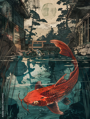 Surreal Catfish Aftershock in a Peaceful Pond Inspired by Japanese Ukiyo-e Prints photo