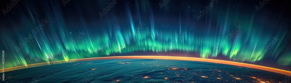 Spectacular view of the Northern Lights illuminating the Earth's horizon with vibrant shades of green and blue in a stunning display of nature. Spectacular view of the Northern Lights illuminating the Earth's horizon with vibrant shades of green and blue in a stunning display of nature.