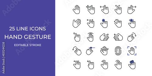 Hand gesture icon set line vector design editable. fingerprint, scroll, swipe, click, and more