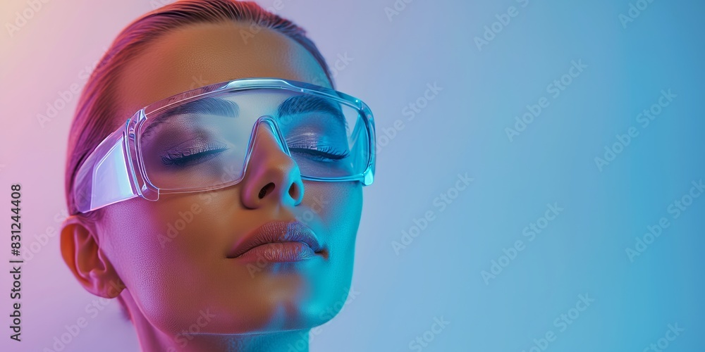This creative image portrays a person with futuristic glasses, illuminated by gradient lighting that transitions between pink, blue, and purple for an innovative artistic visual appeal. This creative image portrays a person with futuristic glasses, illuminated by gradient lighting that transitions between pink, blue, and purple for an innovative artistic visual appeal.