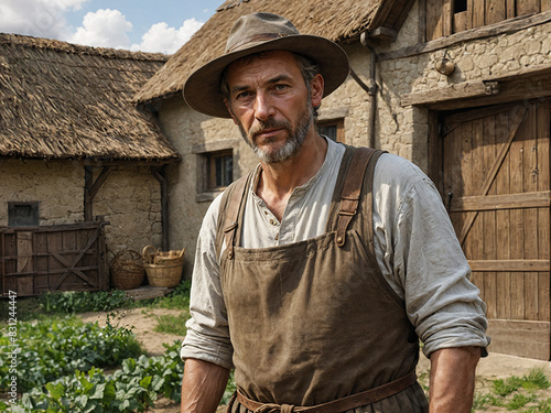 Peasant man wearing a black smith apron, standing beside a cottage