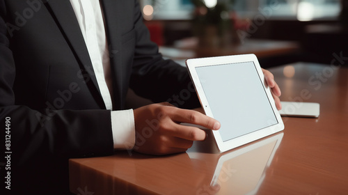 Efficient Businessman Managing Tasks and Surveys Online with Tablet - Survey Form Concept